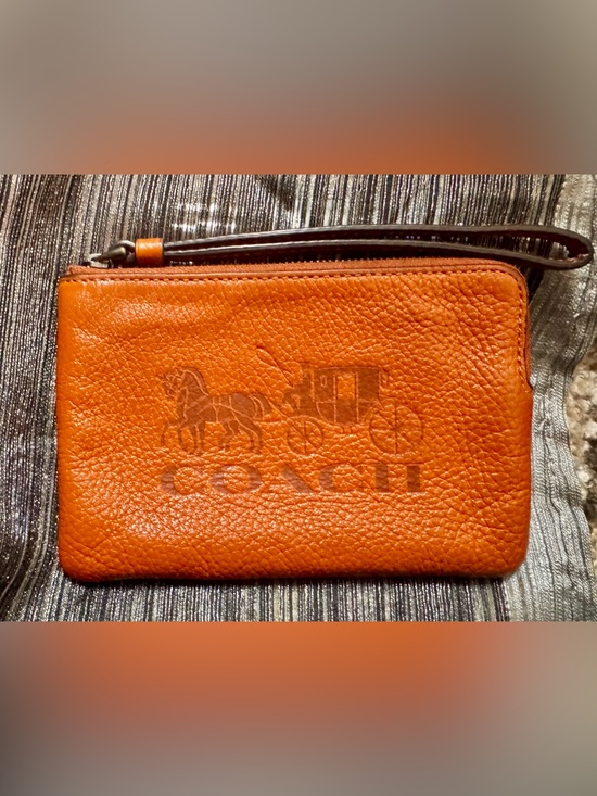 Coach Handbags - Coach C7420 Embossed Leather Horse and Carriage Corner Zip Wristlet (Ginger)-EUC